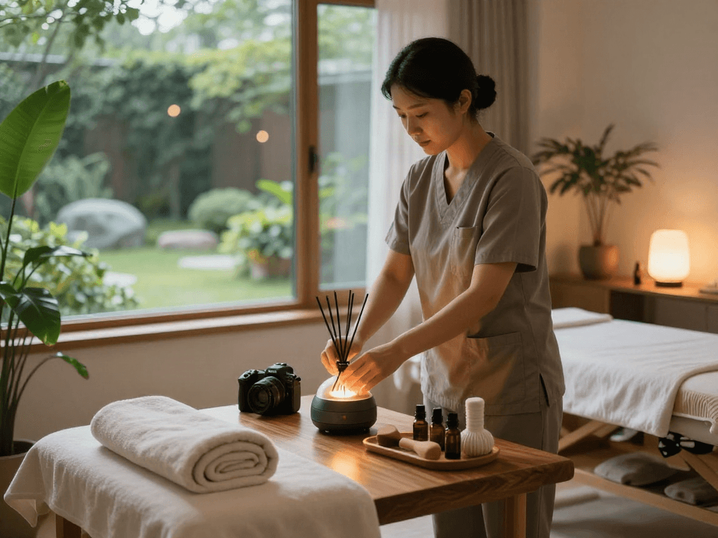 노원출장 massage therapist preparing a serene spa setting with essential oils and calming atmosphere.