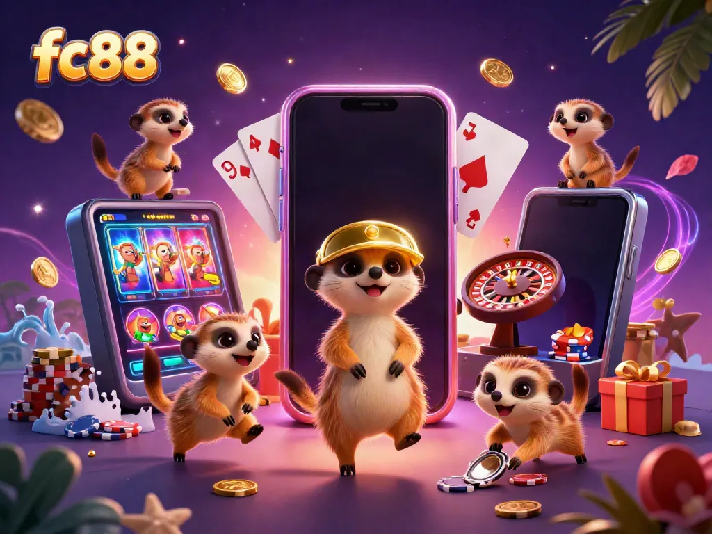 Meerkats engage in a vibrant casino operation at fc88, showcasing gaming excitement and dynamic visuals.