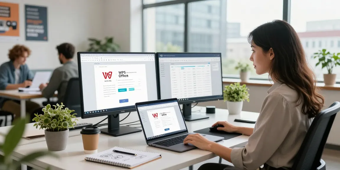 Professional woman exploring the WPS Official Website in a bright office workspace with modern tech.