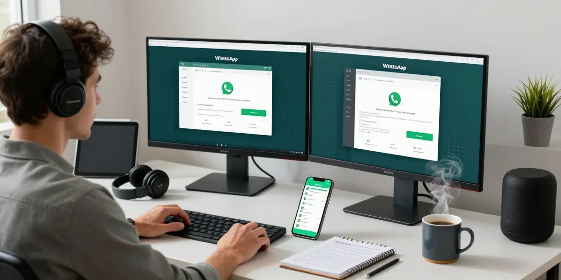 Person using WhatsApp電腦版 in a modern home office setup, dual monitors showing app interface.