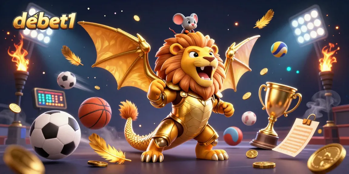 Engage with debet1 as a golden armored chimera creature triumphantly leads sports action with flying balls and trophy.