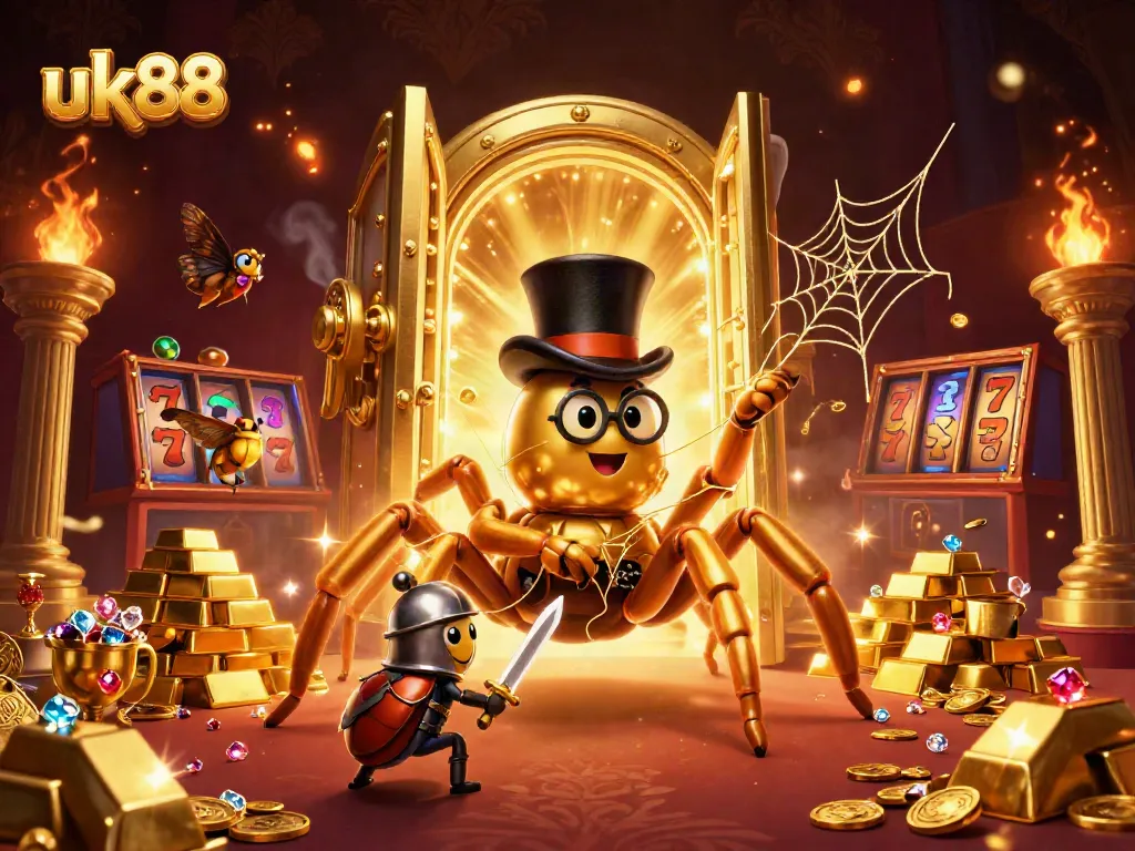 Experience the excitement of UK88 with a vibrant casino scene featuring a giant golden tarantula and gaming elements.