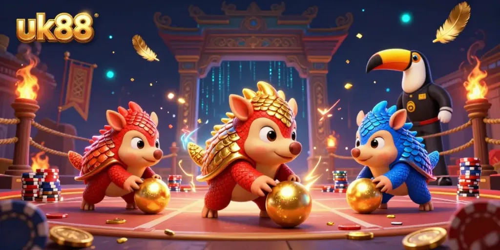 Rival pangolins roll golden balls in a vibrant uk88 casino scene with poker chips flying.