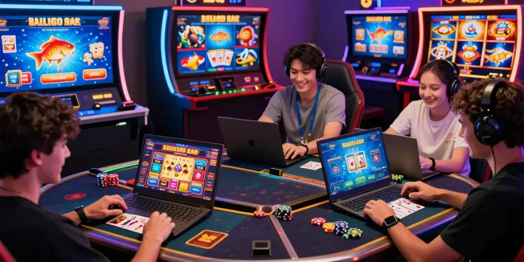 Diverse players enjoying online gaming at DU88 with vibrant interfaces and casino themes.