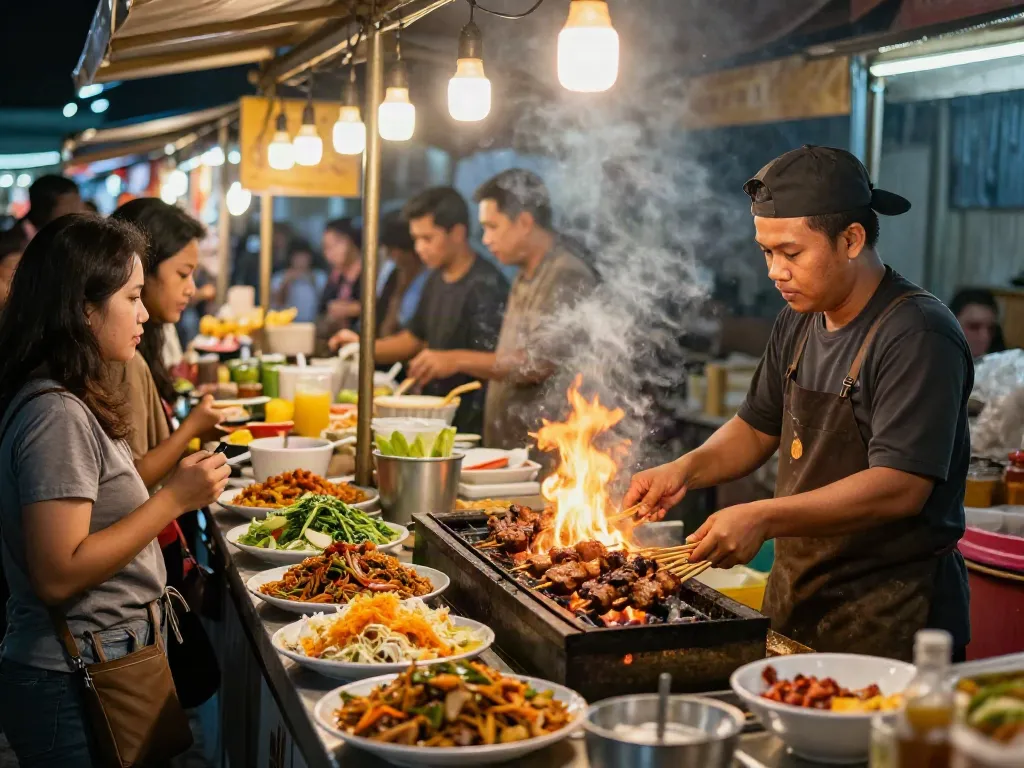 Street food scene featuring rokok88 Sate Taichan grilled at a vibrant Indonesian food stall.