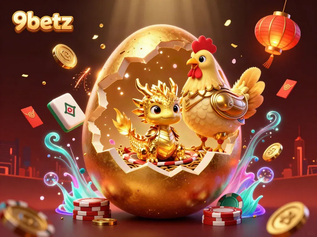 Experience the excitement of winning at 9betz with a golden dragon amidst poker chips and festive decorations.
