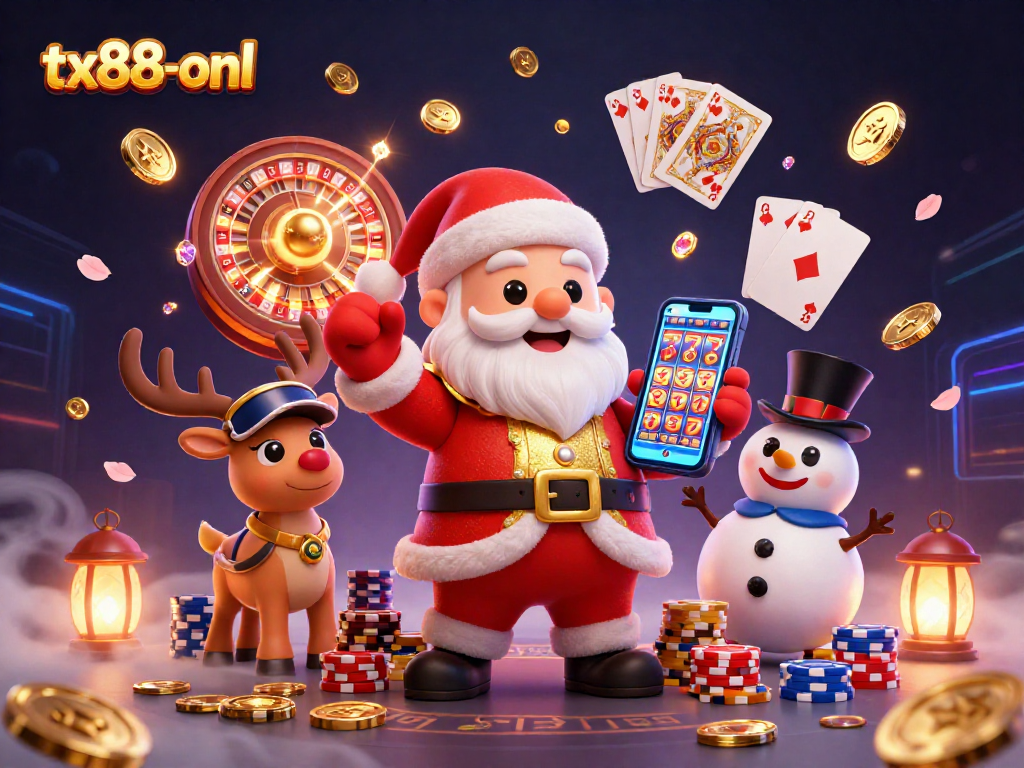 Experience tx88-onl's vibrant casino excitement with 3D Santa, gems, and golden coins!
