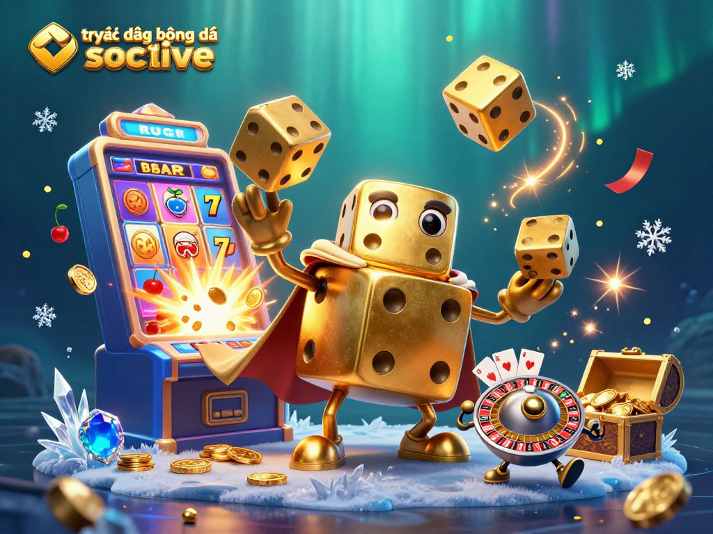 Engage in trực tiếp bóng đá socolive with a vibrant 3D illustration of a dice golem and casino elements.