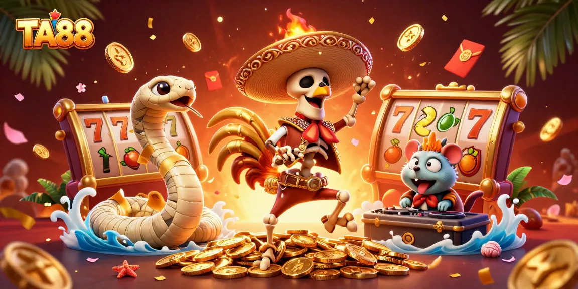 Celebrate wins with TA88's vibrant 3D casino illustration showcasing lively characters and rich game elements.
