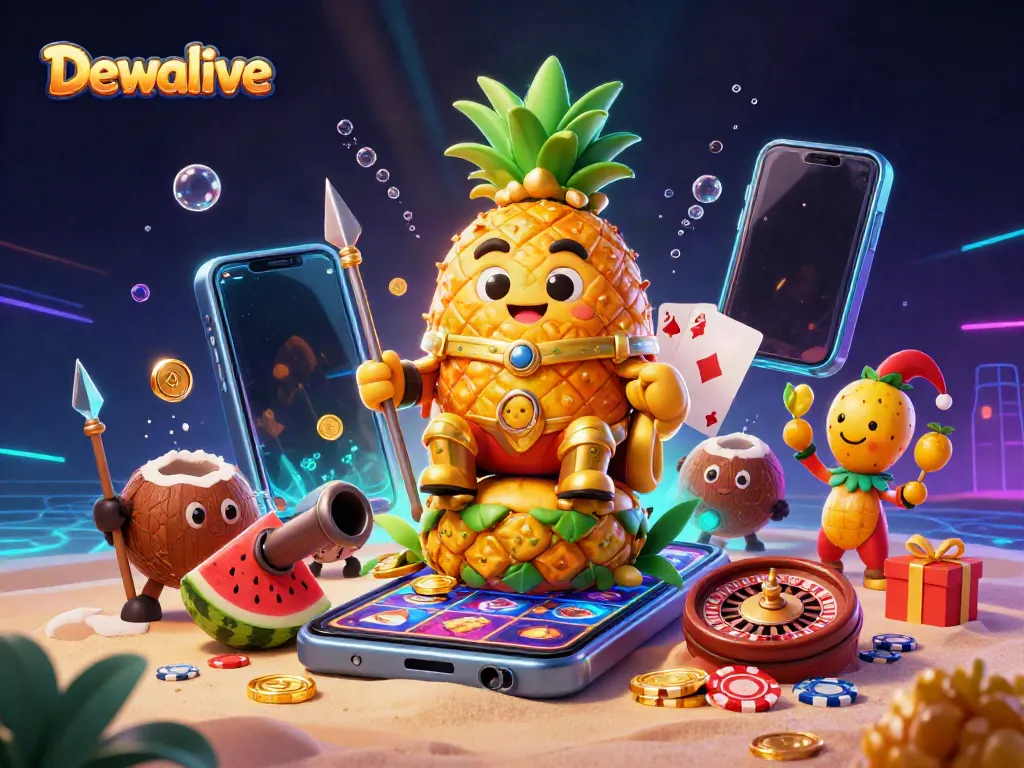 Permainan togel Dewalive dengan raja nanas emas, jester, dan elemen kasino yang cerah.