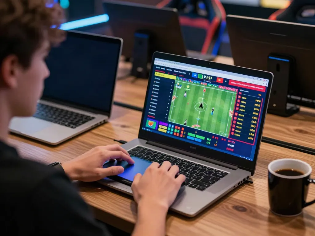 Player engaging with uk88 online gambling interface on a laptop surrounded by vibrant sports betting displays.