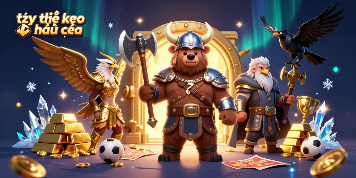 Engage with tỷ lệ kèo nhà cái through dynamic sports betting elements featuring a Viking bear and Valkyrie eagle.