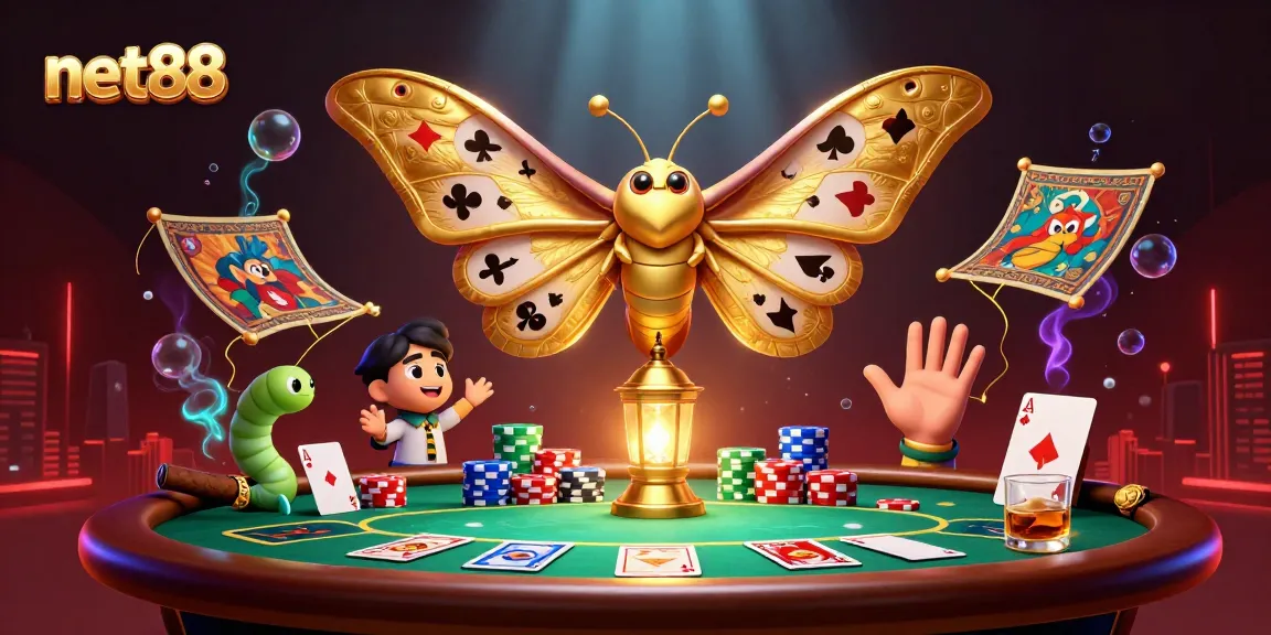Net88 is featured in a vibrant 3D casino scene with cards, chips, and dynamic characters.
