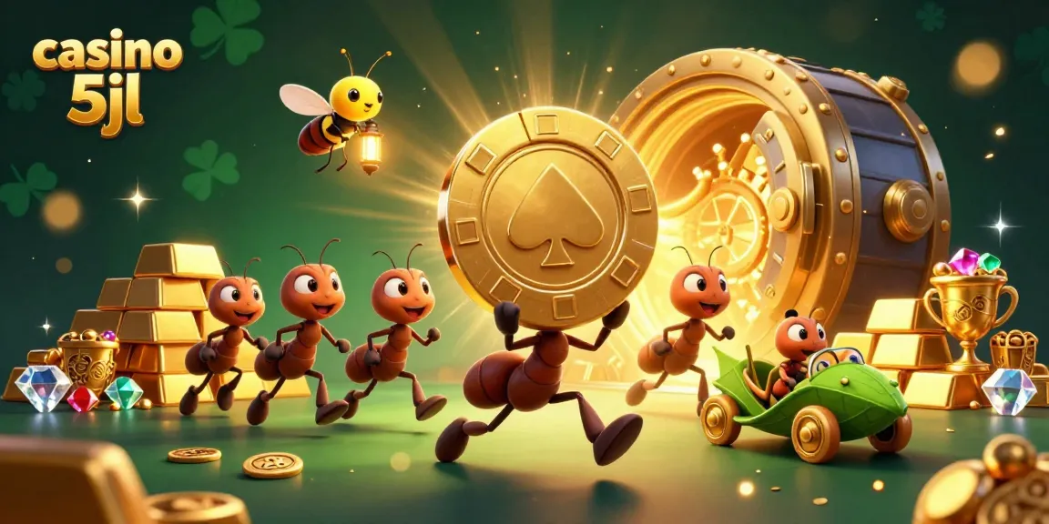 Ants carrying a giant poker chip in the vibrant casino 5jl illustrated scene.