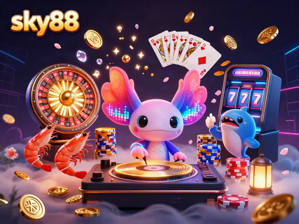 Experience the excitement at sky88 with a vibrant 3D casino scene featuring animated characters and dazzling gaming elements.