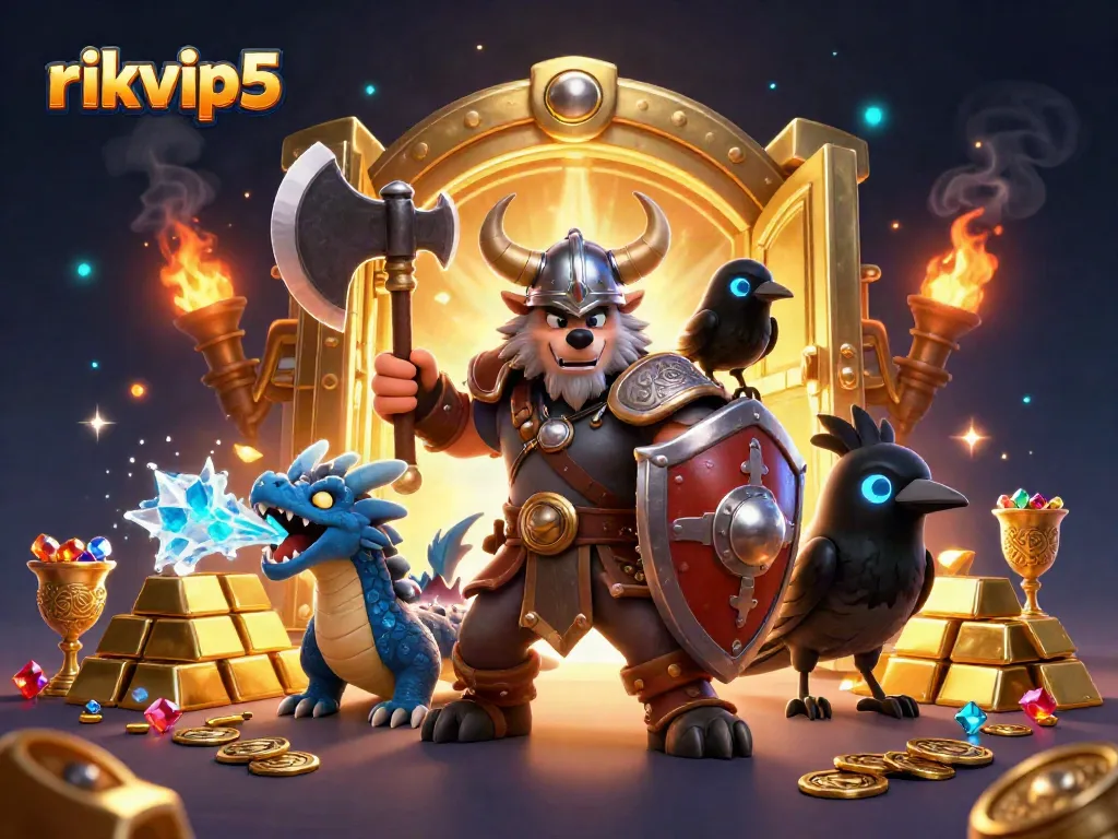 Engage in exhilarating gameplay at rikvip5, witnessing a Viking warrior, dragon, and treasures under dramatic lighting.