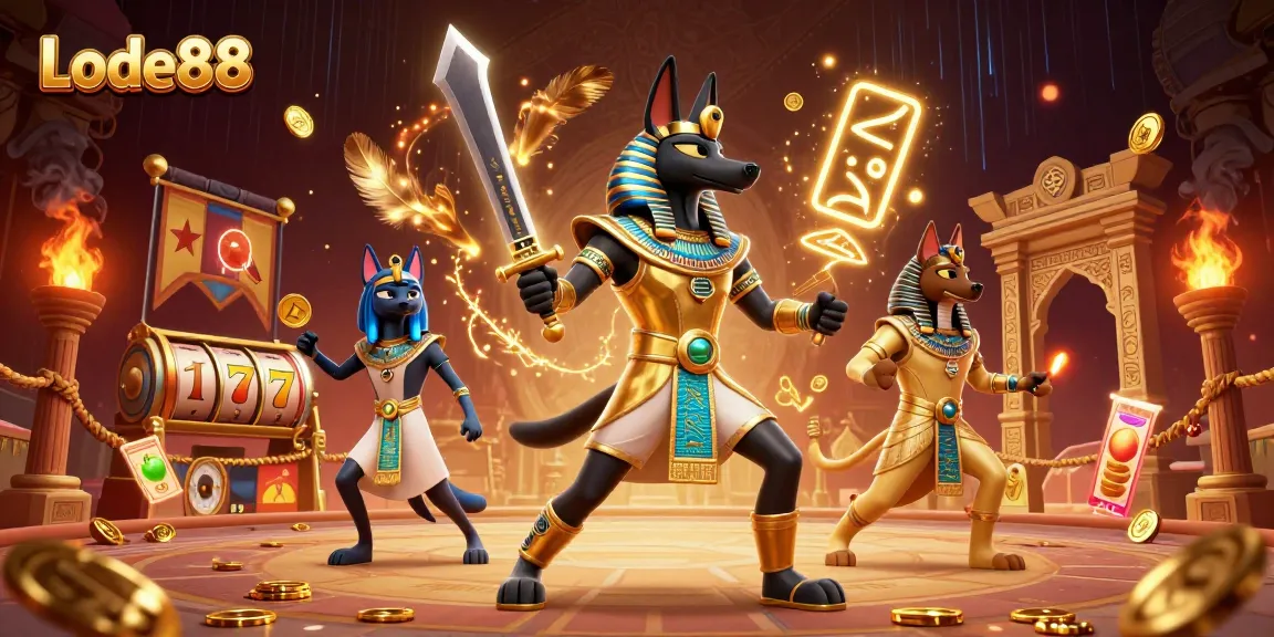 Lode88 unveils thrilling 3D illustration with Anubis and Bastet in a vibrant casino setting.