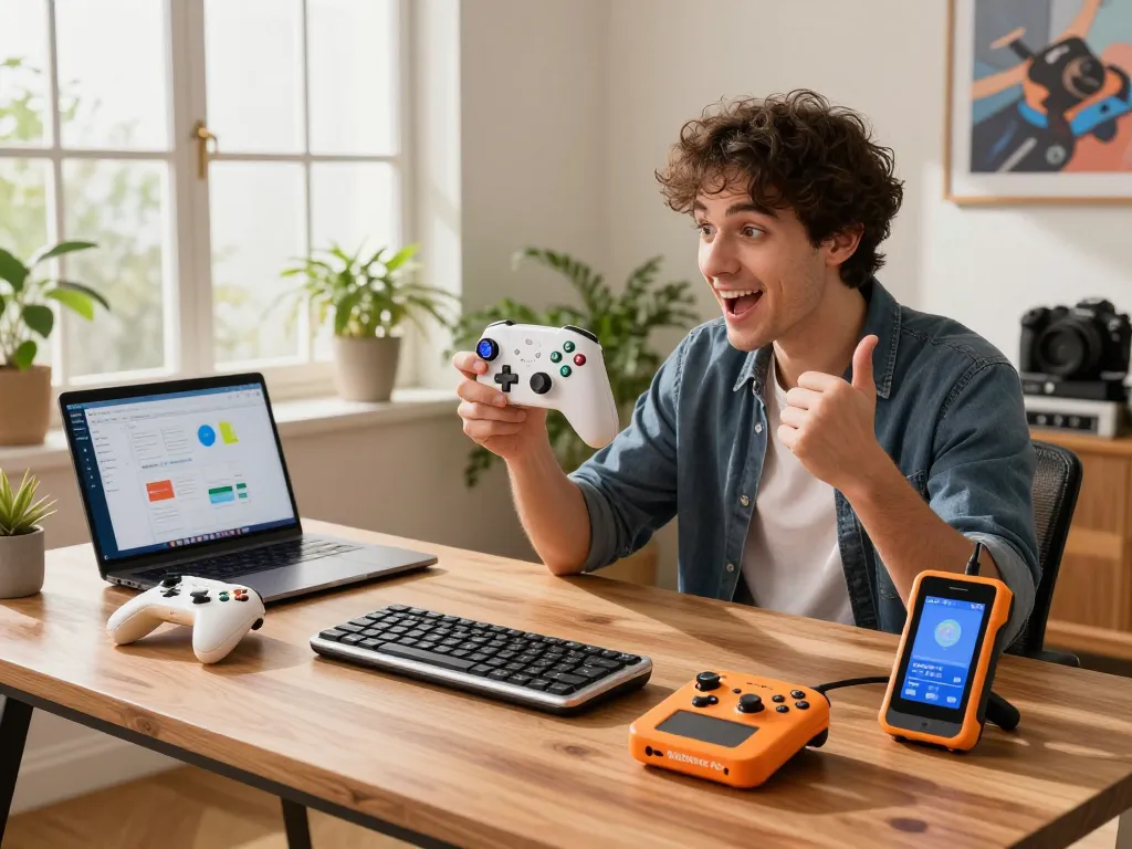 Home office showcasing must-have tech gadgets like the 8BitDo Ultimate 2 controller and Fitbit Charge 6 in an energetic and innovative workspace setting.
