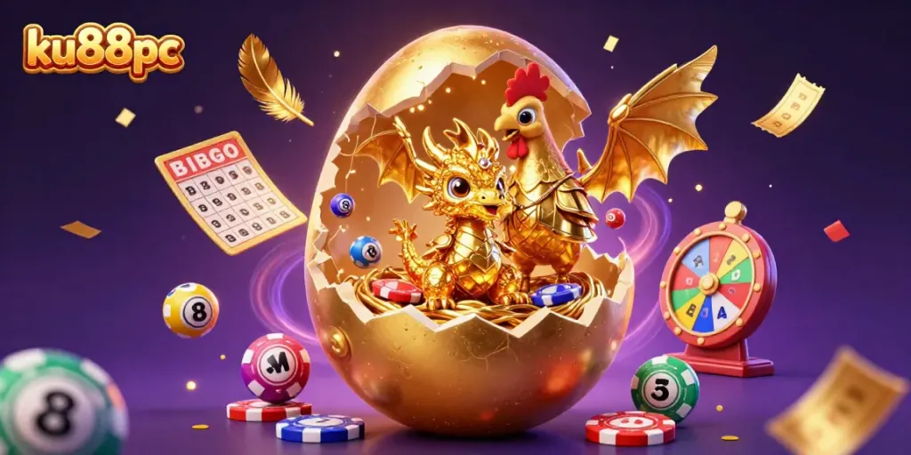 Experience the excitement of ku88pc with a golden dragon and vibrant casino elements in a rich 3D illustration.