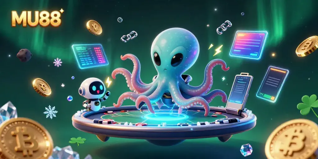 Engage in thrilling poker at MU88 with an alien octopus dealer surrounded by animated gaming elements.