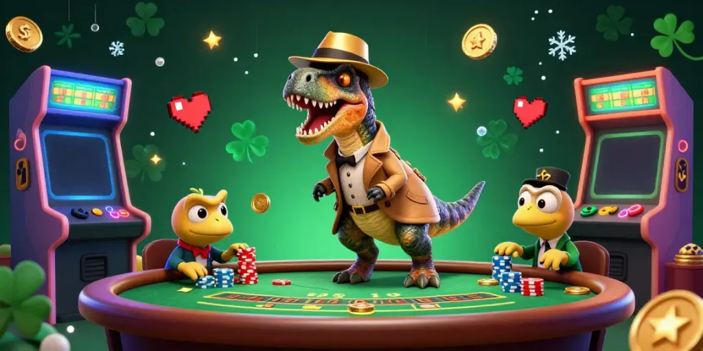 Experience the thrill of du88 with a dynamic 3D casino scene featuring a velociraptor card counter and fun gaming elements.