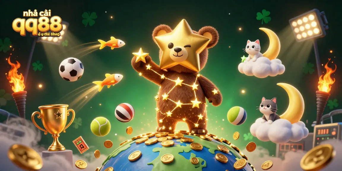 Experience the thrill with nhà cái qq88 có uy tín không, featuring a constellation bear among vibrant sports elements.
