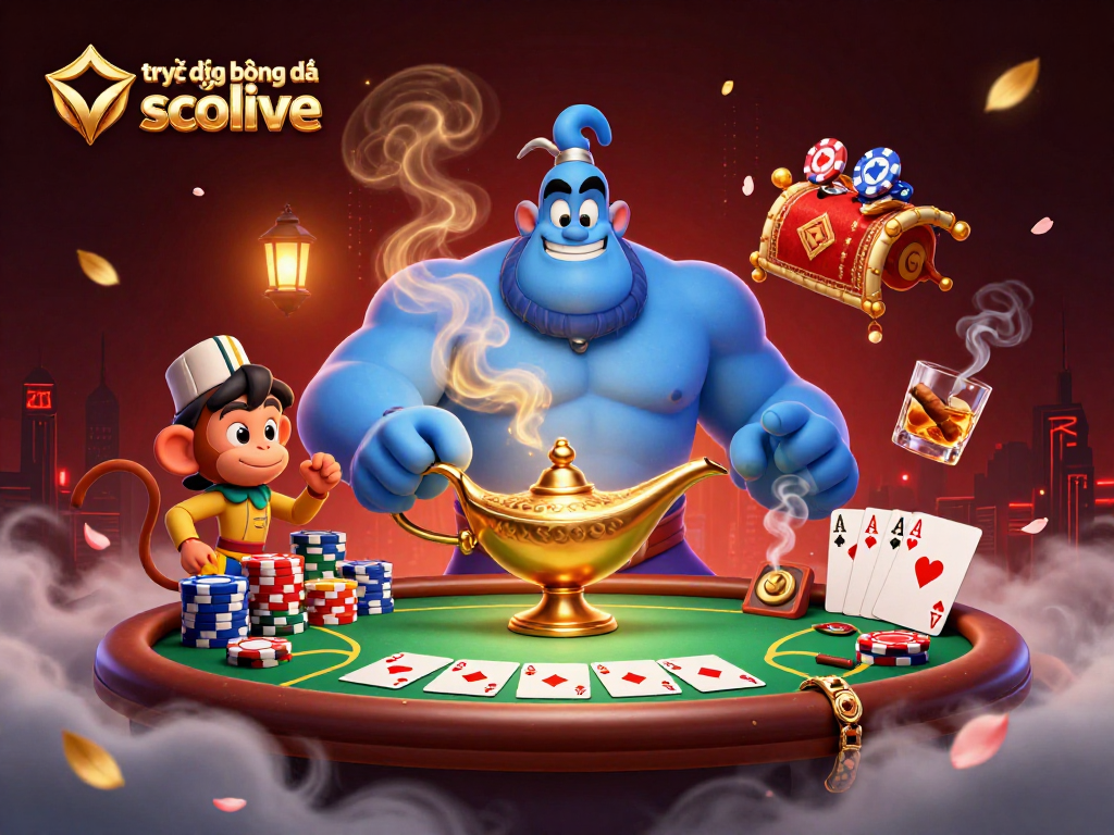 Experience the excitement of trực tiếp bóng đá socolive with a vibrant 3D casino scene featuring a genie, monkey, and poker elements.