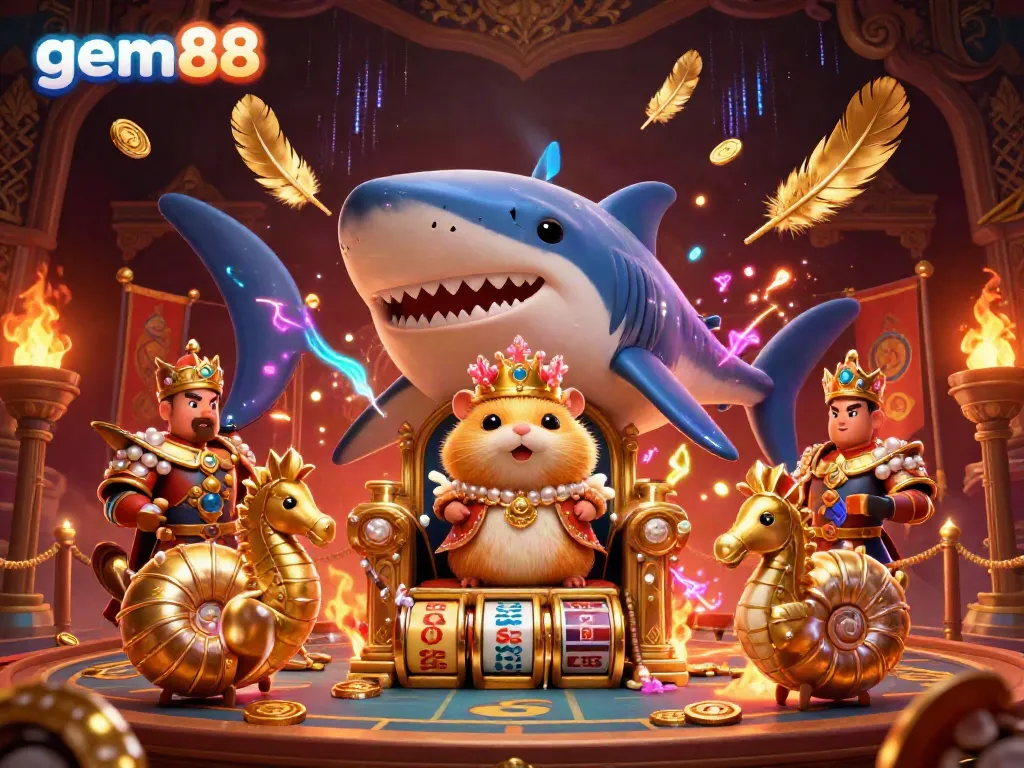 Experience the thrill of gem88 gaming with a golden hamster king, vibrant gold coins, and a dramatic gaming arena.