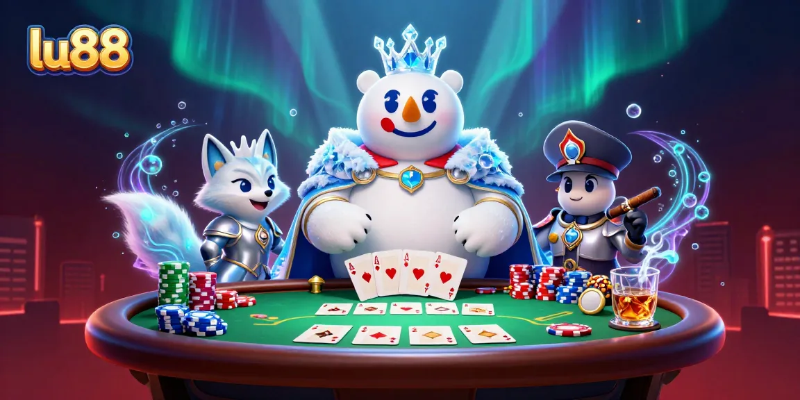 Experience thrilling poker action with lu88's adorable ice king and fox characters at a crowded table.