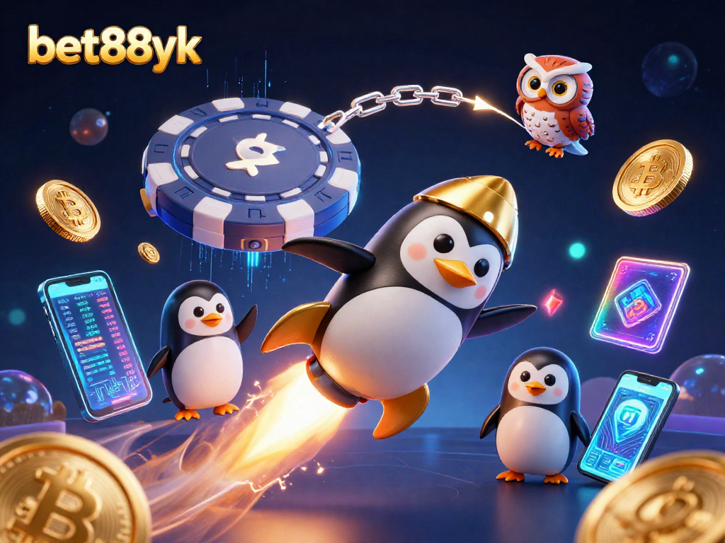 Bet88yk’s dynamic casino adventure as a penguin takes flight towards a poker chip space station.