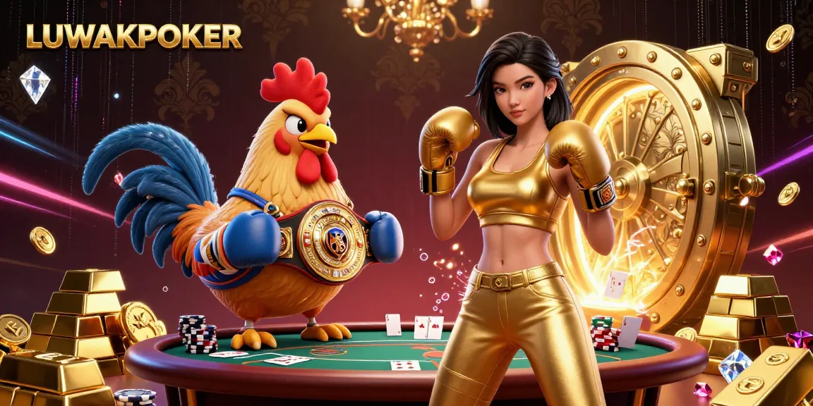 Join the exciting action with LUWAKPOKER as a champion woman and rooster face off amidst golden poker riches.