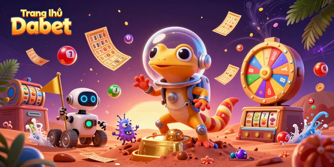 Engage in dynamic gaming fun at Trang chủ Dabet, featuring vibrant lottery balls and a cartoon Martian gecko.