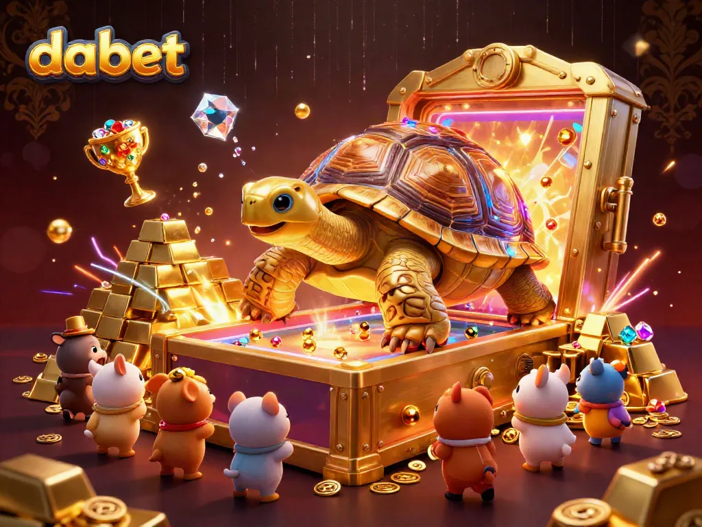 Dabet casino illustration showing a golden tortoise pinball machine, vibrant gems, and treasure.