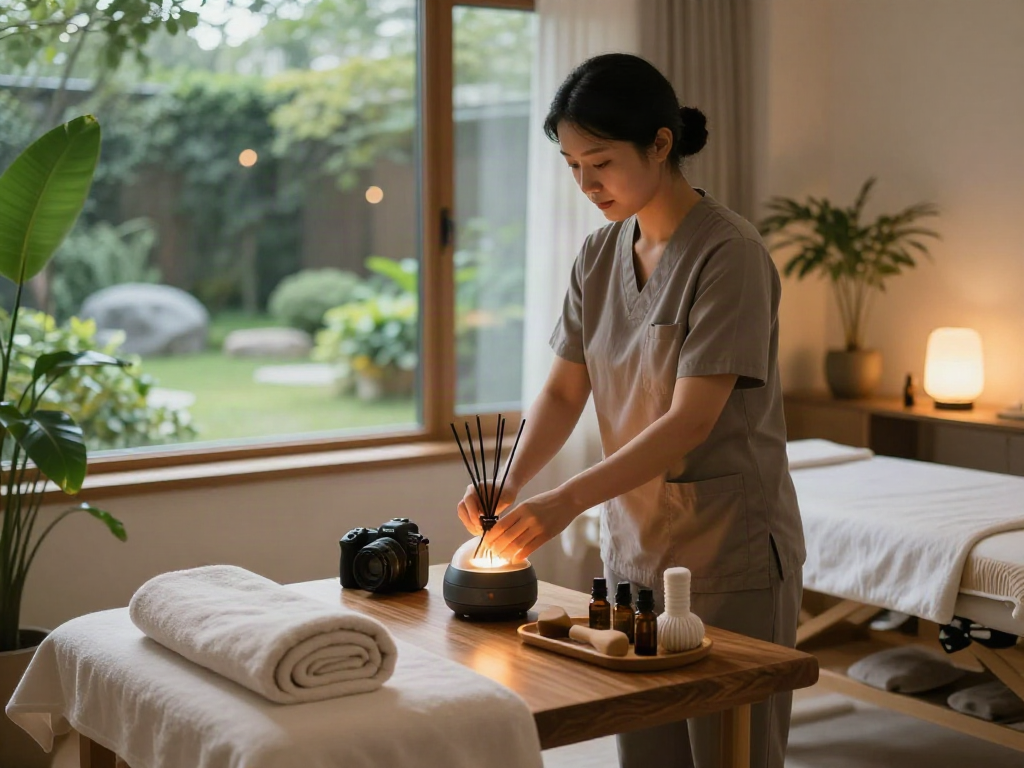 노원출장 massage therapist preparing a serene spa setting with essential oils and calming atmosphere.