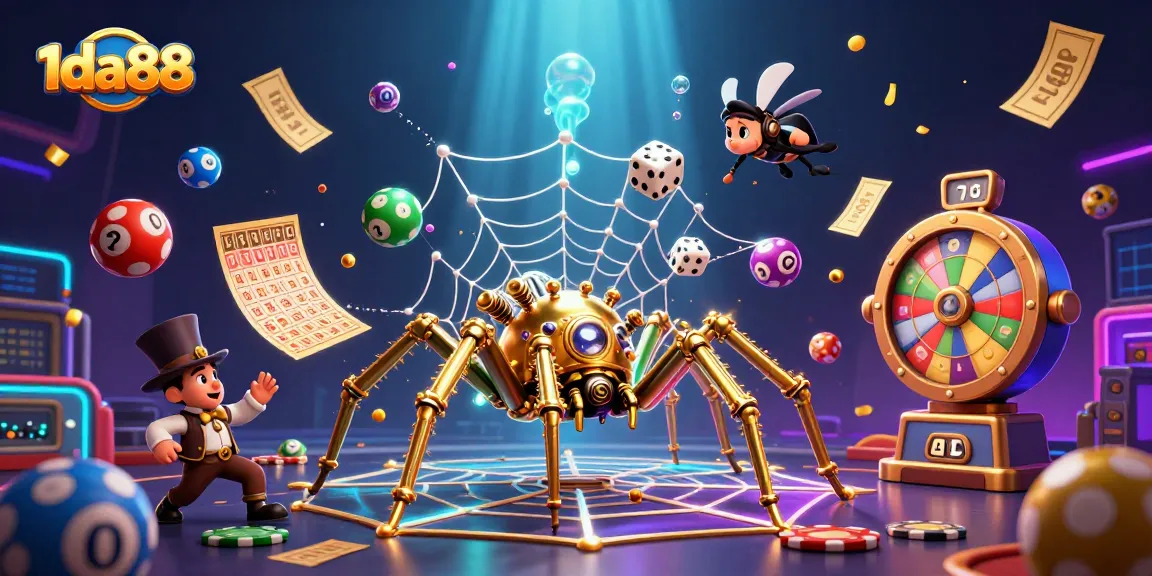 1da88 captures casino excitement with steampunk spider and colorful lottery elements