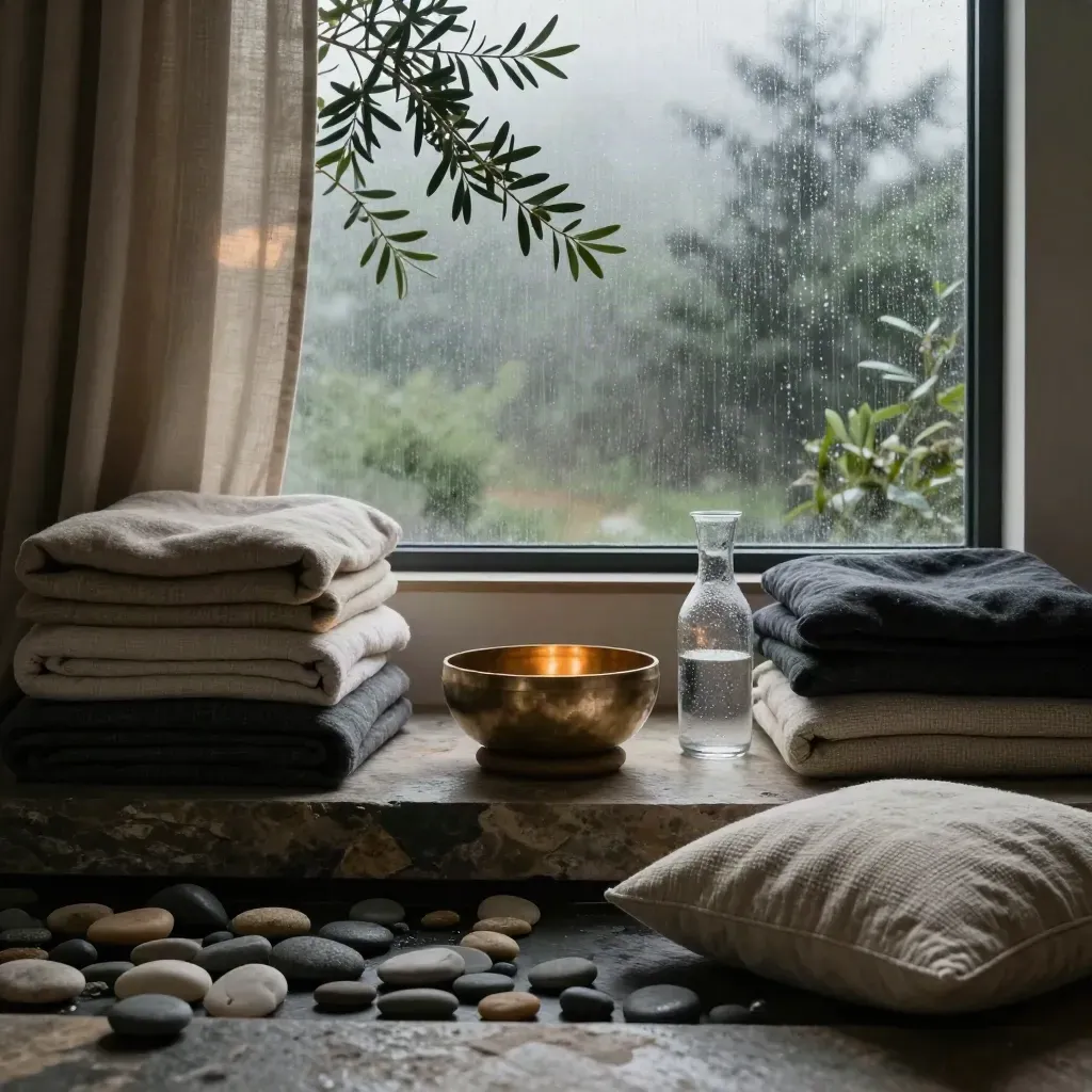 Yağmurlu pencereli bir wellness köşesi: çan kasesi, battaniyeler, keten yastık ve zeytin dalı.