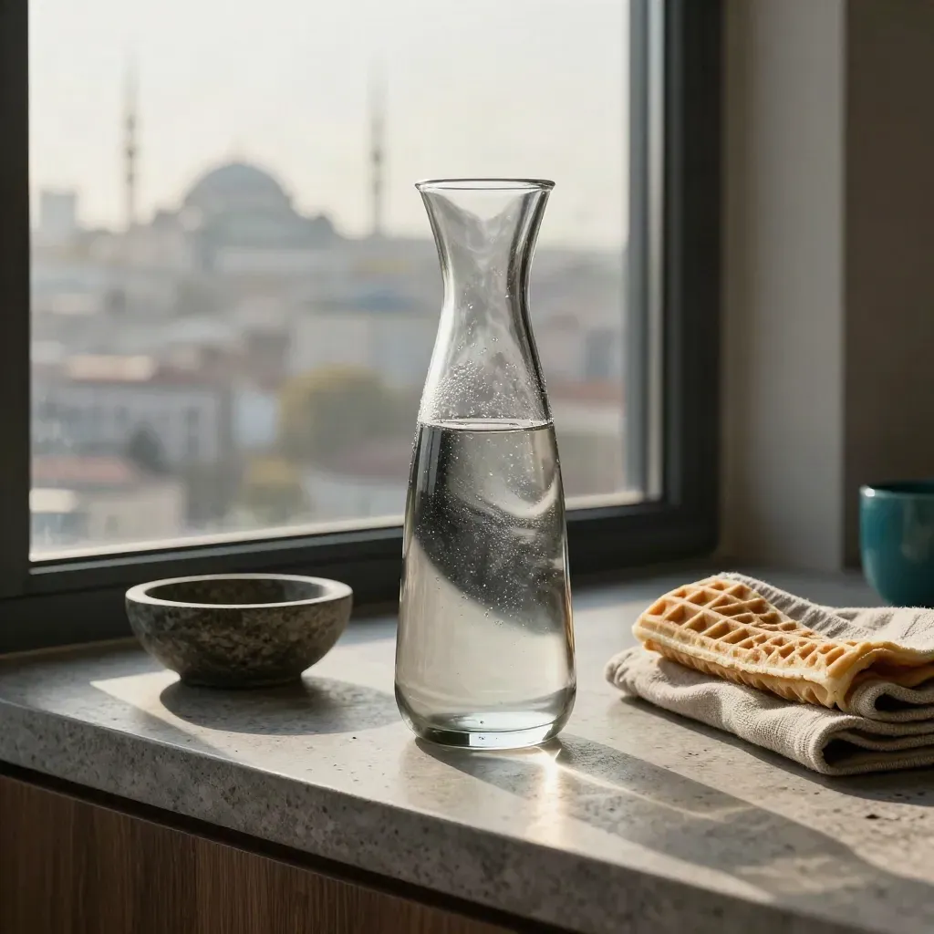 Pencere kenarında su karafı, kase ve katlı havlu; arkada bulanık İstanbul silüeti.