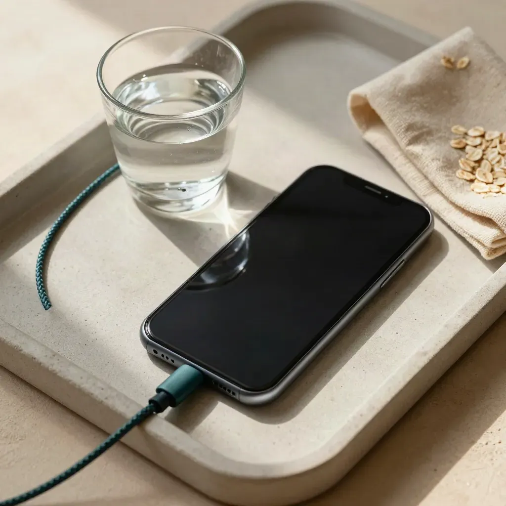 Taş tepside yüzüstü telefon, su bardağı, şarj kablosu ve katlanmış kumaş.