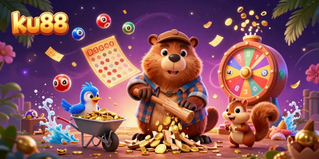 ku88 brings excitement with a lively scene of a beaver collecting gold coins, emphasizing game fun and winnings.