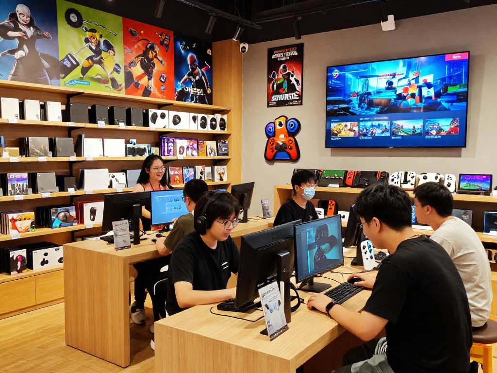 Explore original gaming consoles and accessories at https://rokok88.com, showcasing vibrant store atmosphere with friendly staff.