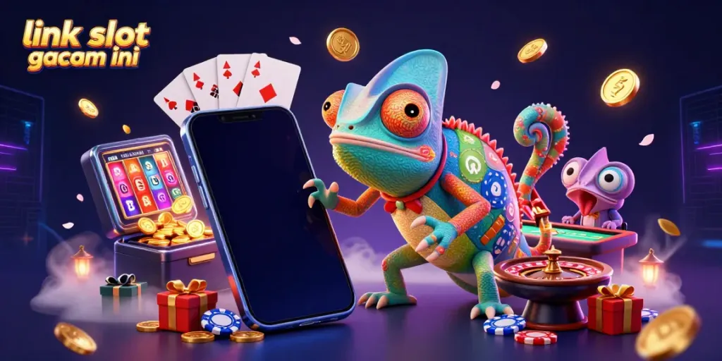 Permainan menarik di link slot gacor malam ini dengan chameleon pemilik kasino berwarna-warni dan smartphone slot inovatif.
