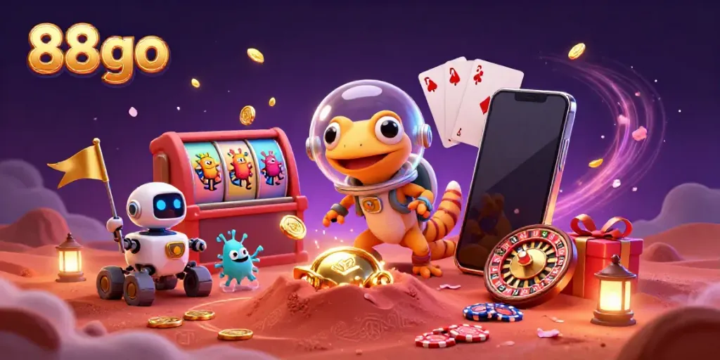 Experience the excitement of 88go with vibrant slot reels and a playful Martian gecko in a golden casino scene.