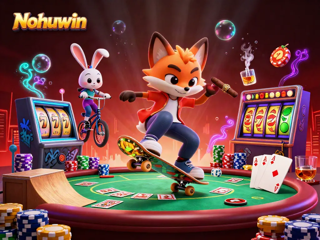 Nohuwin immersive casino scene featuring fox and rabbit performing stunts over golden poker chips.