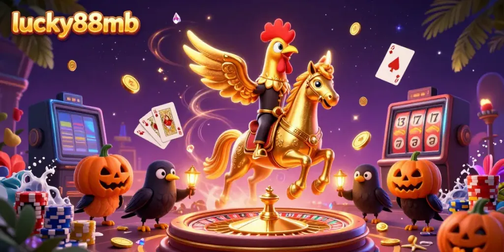 Experience excitement at lucky88mb with vibrant casino action featuring golden rooster and mystical elements.
