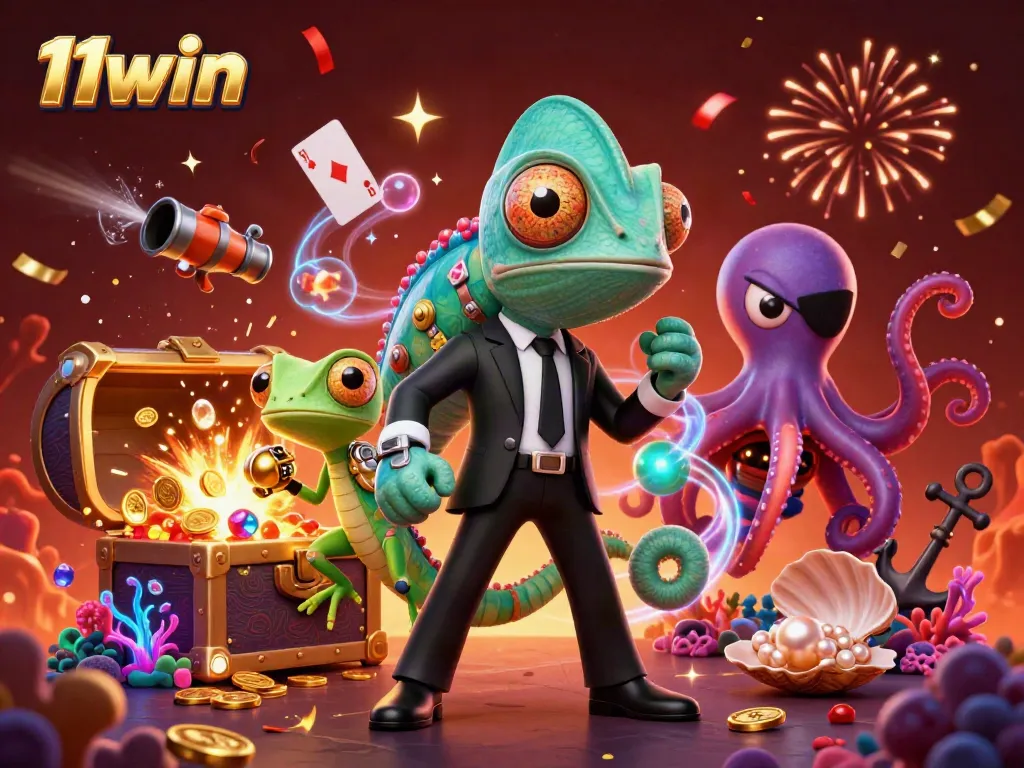 Experience the thrilling world of 11win with vibrant casino-themed characters and underwater treasures bursting with prizes.