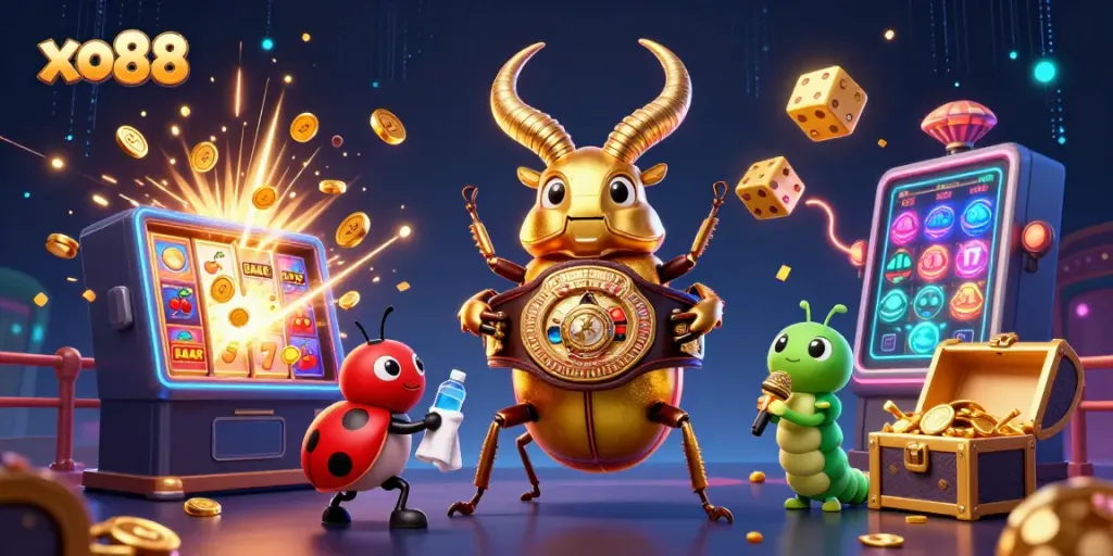 Experience thrilling action at xo88 with a cartoon beetle champion and a ladybug corner-man amidst a jackpot explosion.