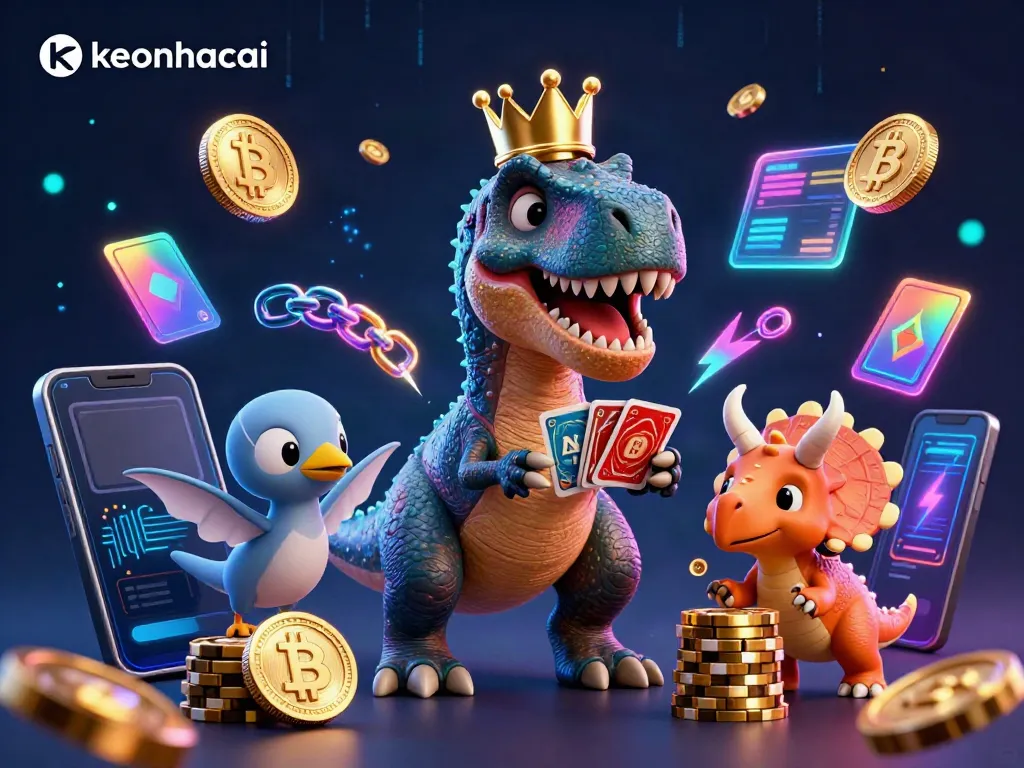 Watch a friendly T-Rex shuffle cards while surrounded by crypto coins, embodying keonhacai excitement.