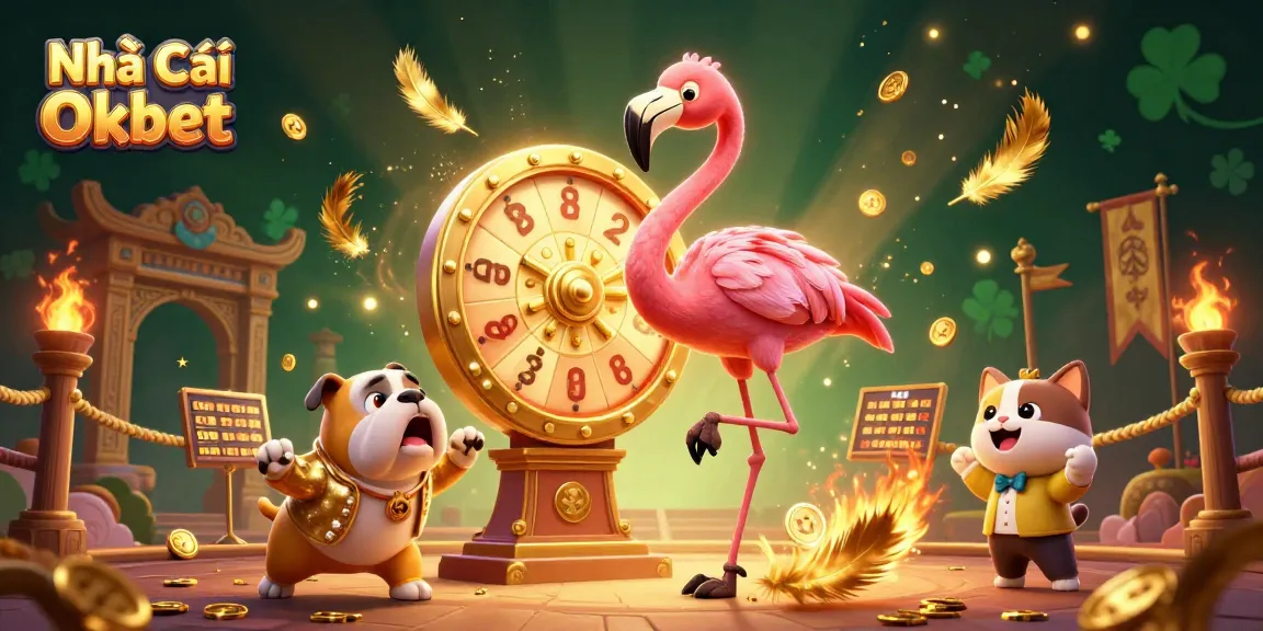 Engage with Nhà Cái Oxbet as flamingo host spins the prize wheel with excitement in a vibrant casino setting.