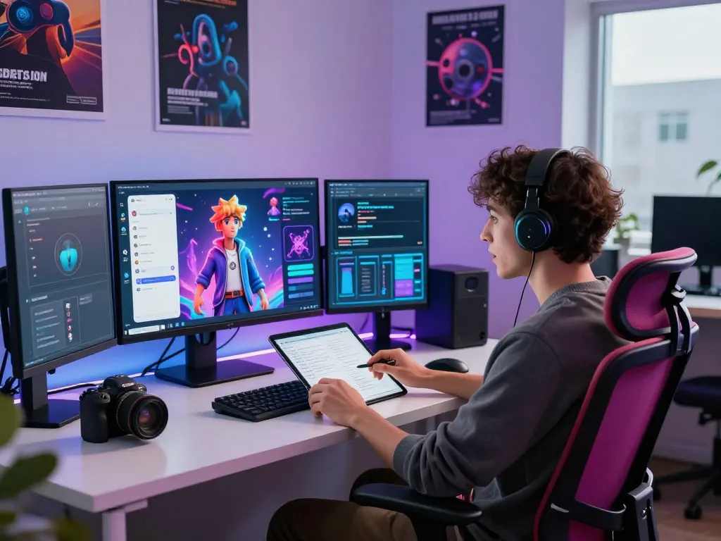 Engaged user chatting with AI character using advanced tech at modern workspace, crush on ai experience.