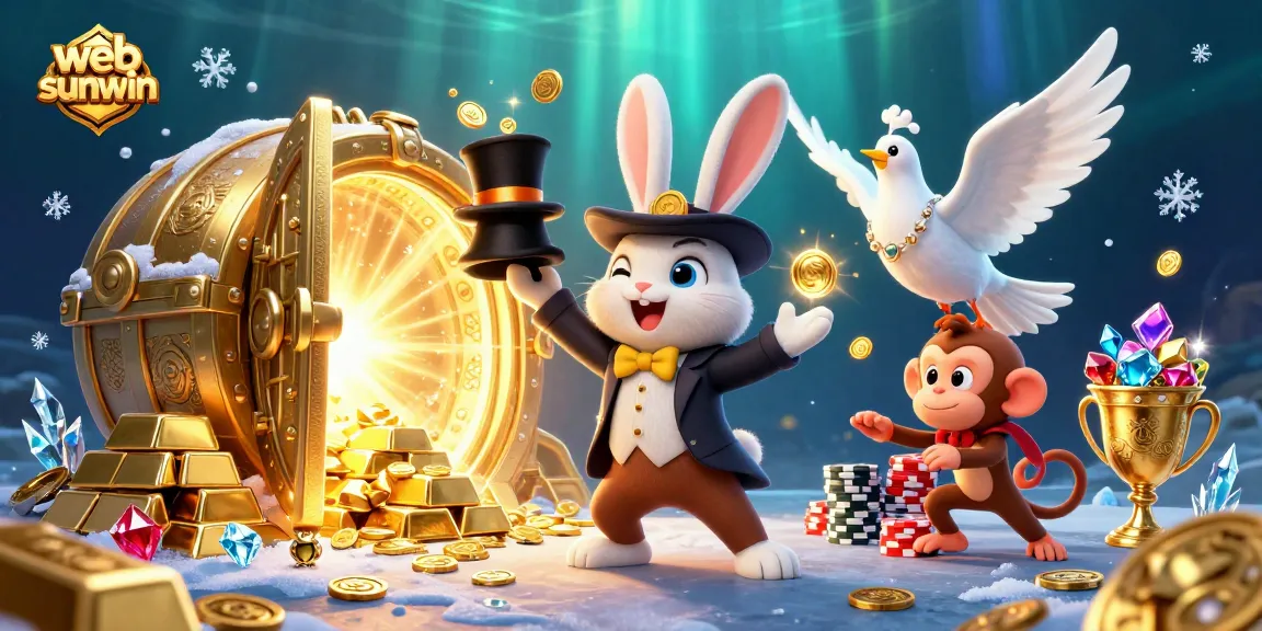 Experience the thrill at web sunwin with a dazzling 3D casino illustration featuring a magician, a dove, and a monkey amidst gold coins and treasures.
